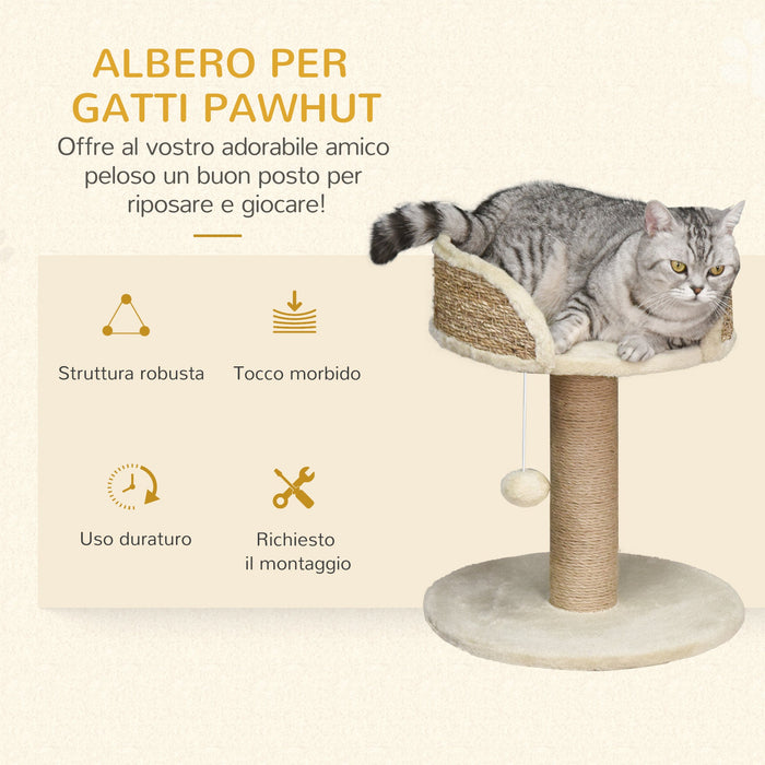 Albero Tiragraffi per Gatti con Lettino 40x40x49 cm Palo in Juta e Pallina Appesa Beige