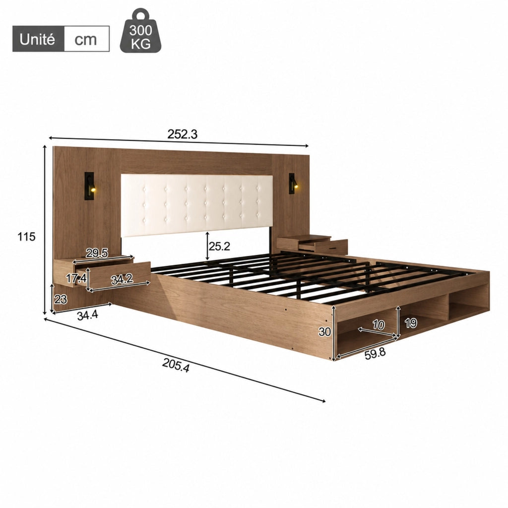 DESMIU Letto con contenitore 180 × 200 cm 2 posti con USB, Type-C e luce da lettura, senza materasso, in MDF, noce