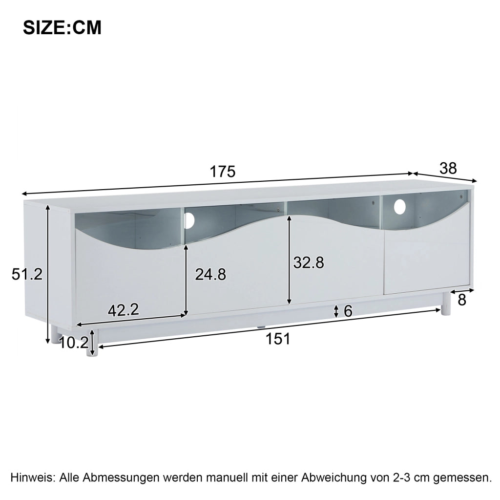 Mobile TV curvo 175x38x51 cm in MDF bianco lucido con LED e vetro temperato
