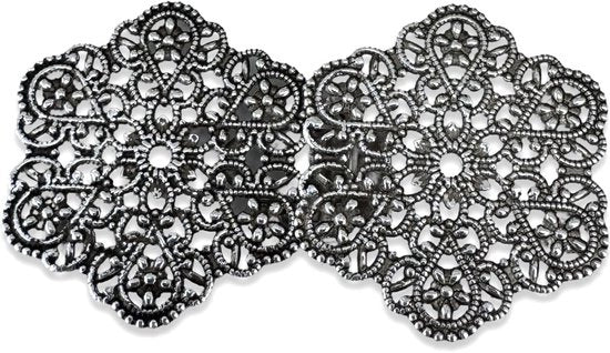 Chiusura metallica a filigrana antica argento con chiodini per dirndl da cucire 55mm x 30mm (1 pezzo)