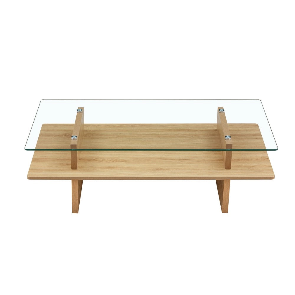 Tavolino da Caff¨¨ Doppio Piano ¨C MINIMAL ¨C Vetro Temperato e MDF, Finitura Legno Naturale, Moderno