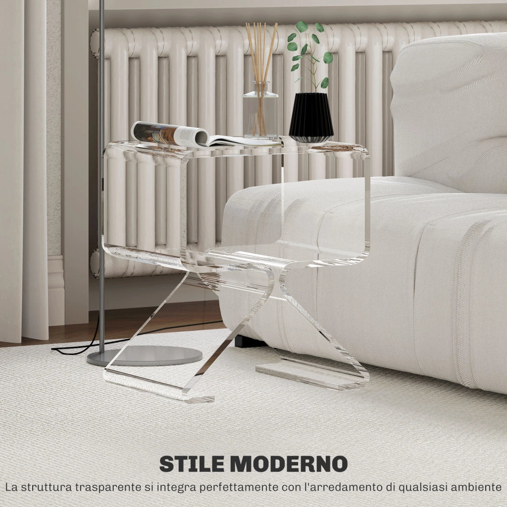 Tavolino Basso Geometrico a 2 Livelli in Acrilico con Gambe Triangolari, 40x30x45 cm, Trasparente