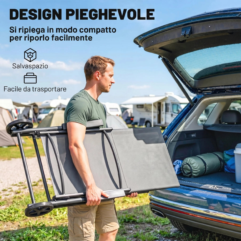 Lettino Sdraio Pieghevole e Reclinabile in 5 Posizioni con Rotelle, in Metallo e Textilene, 72x158x84 cm, Grigio