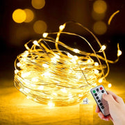Catena 100 micro led 10mt filo rame batteria da esterno luce calda Telecomando