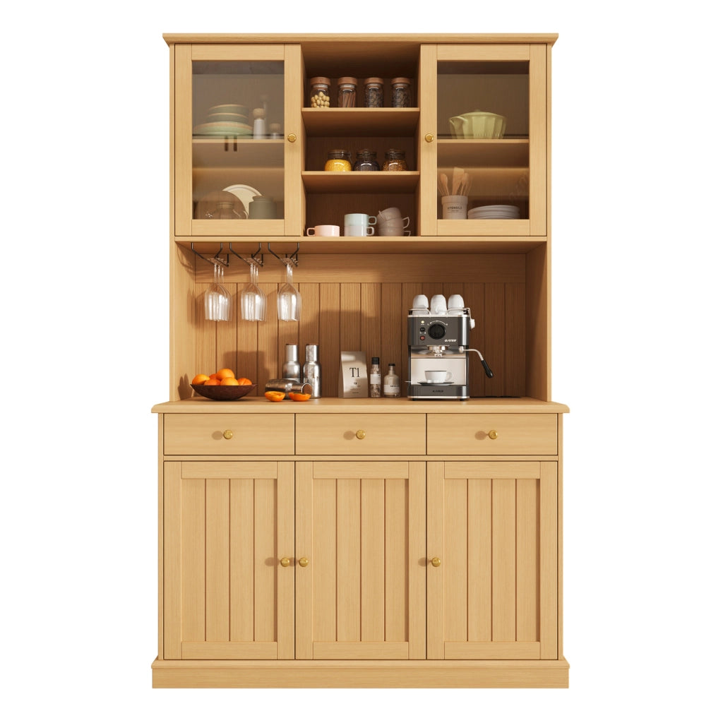 Credenza buffet alta 120x40x191 cm in legno naturale con ante in vetro; prese USB e schuko
