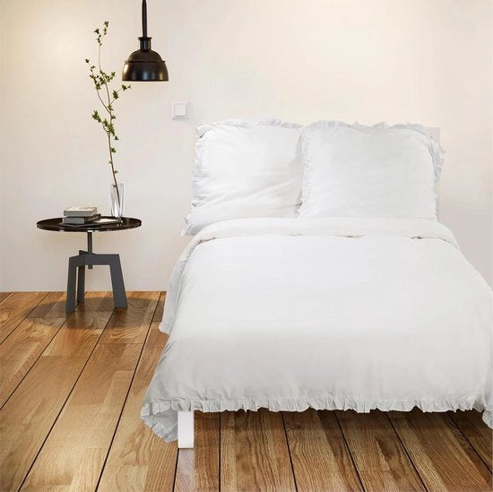 Set di lenzuola di cotone con inserti a ruché, 220 x 240 cm, due posti, copertura da letto vintage e cuscini con inserti a ruché, bianco