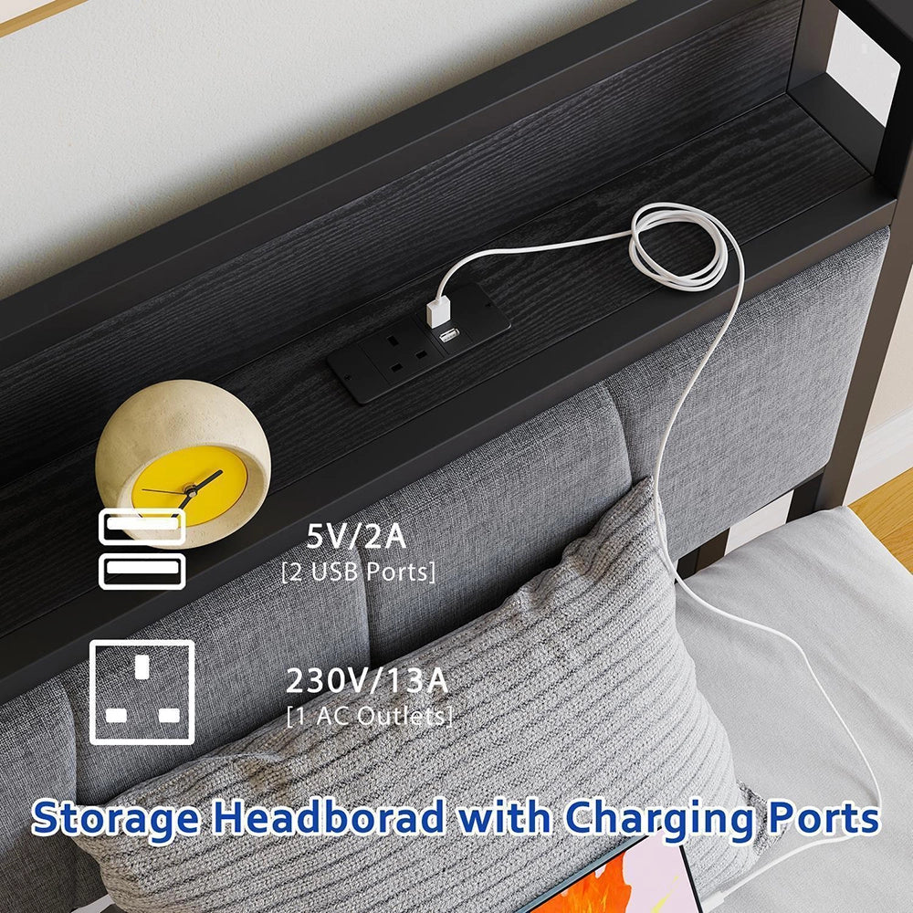 Letto 90x200cm LED - Xylo - USB testiera metallo facile montaggio