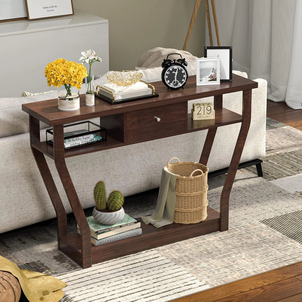 Tavolo Consolle Legno, a 3 Ripiani, Stretto e Compatto, Cassetto con Manico, Console per Soggiorno, Salotto, Ingresso, Portata di 60 kg, 120x30x81cm, 3 Colori (Marrone)
