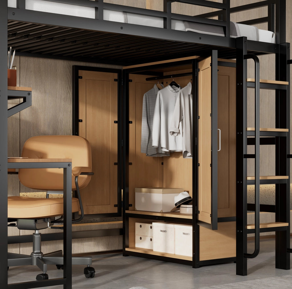 Letto a soppalco multifunzione con armadio, scrivania e vano contenitivo