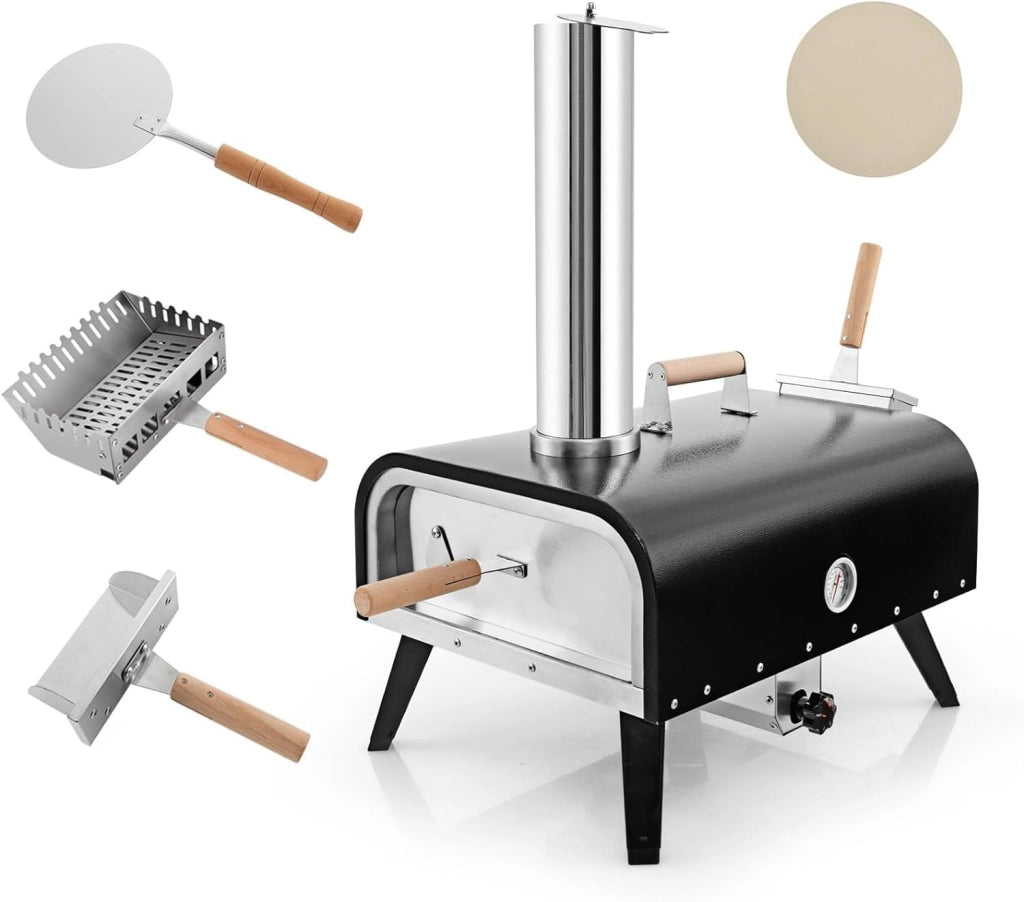 Forno per pizza all'aperto Forno a legna portatile con pietra per pizza pala per pizza termometro, forno pizzero in acciaio inox con telaio rotante, per barbecue, campeggio
