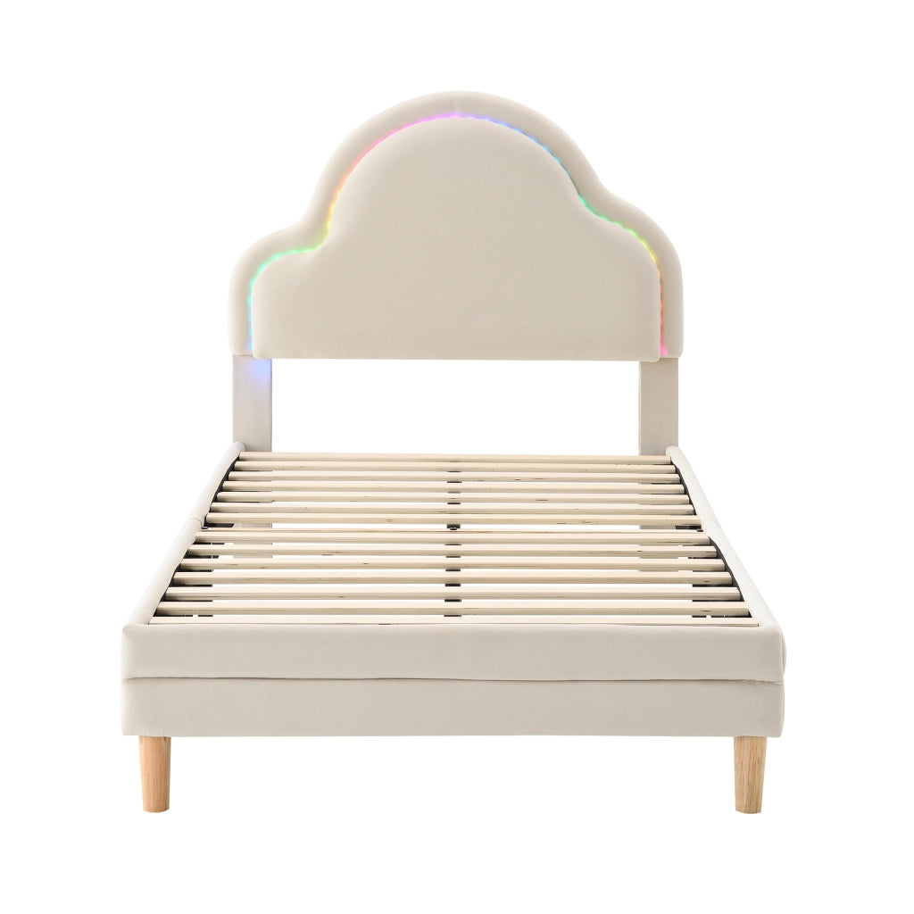 Letto Singolo 90 x 200 cm - LED Multicolore e Testiera Imbottita a Nuvola - Velluto - Beige