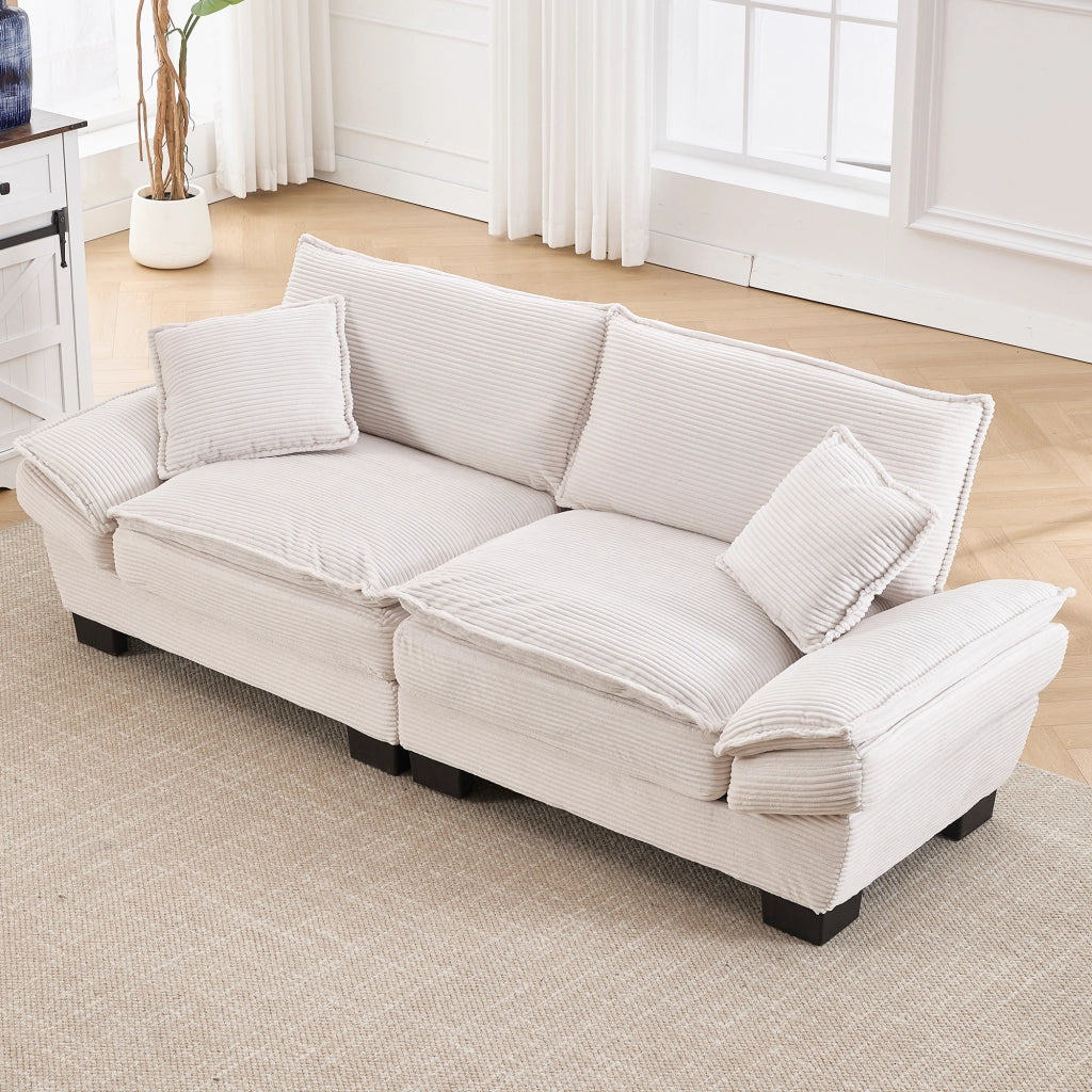 Divano Lineare 2 Posti con Cuscini; Seduta Ultra Profonda Comfort Moderno; Struttura in Legno; Velluto Beige