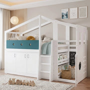 Letto per bambini 90x200 cm a forma di casa; con spazio gioco e armadio in legno e MDF bianco
