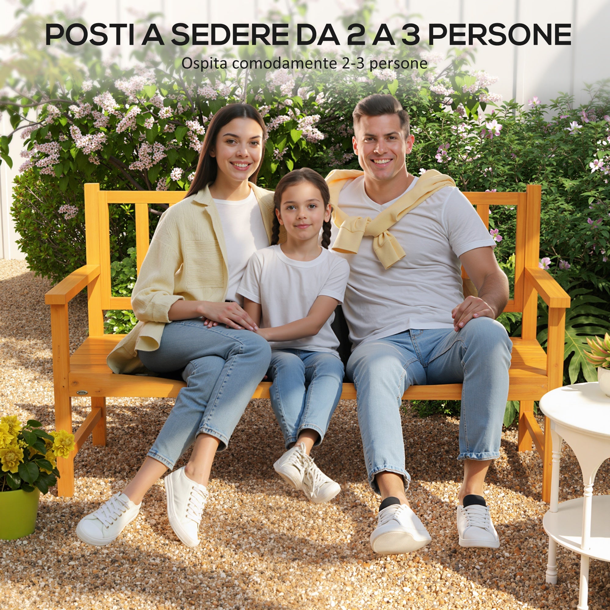 Panchina da Giardino 153x56x91 cm con Tavolino Centrale Sollevabile e Braccioli in Legno Marrone Chiaro