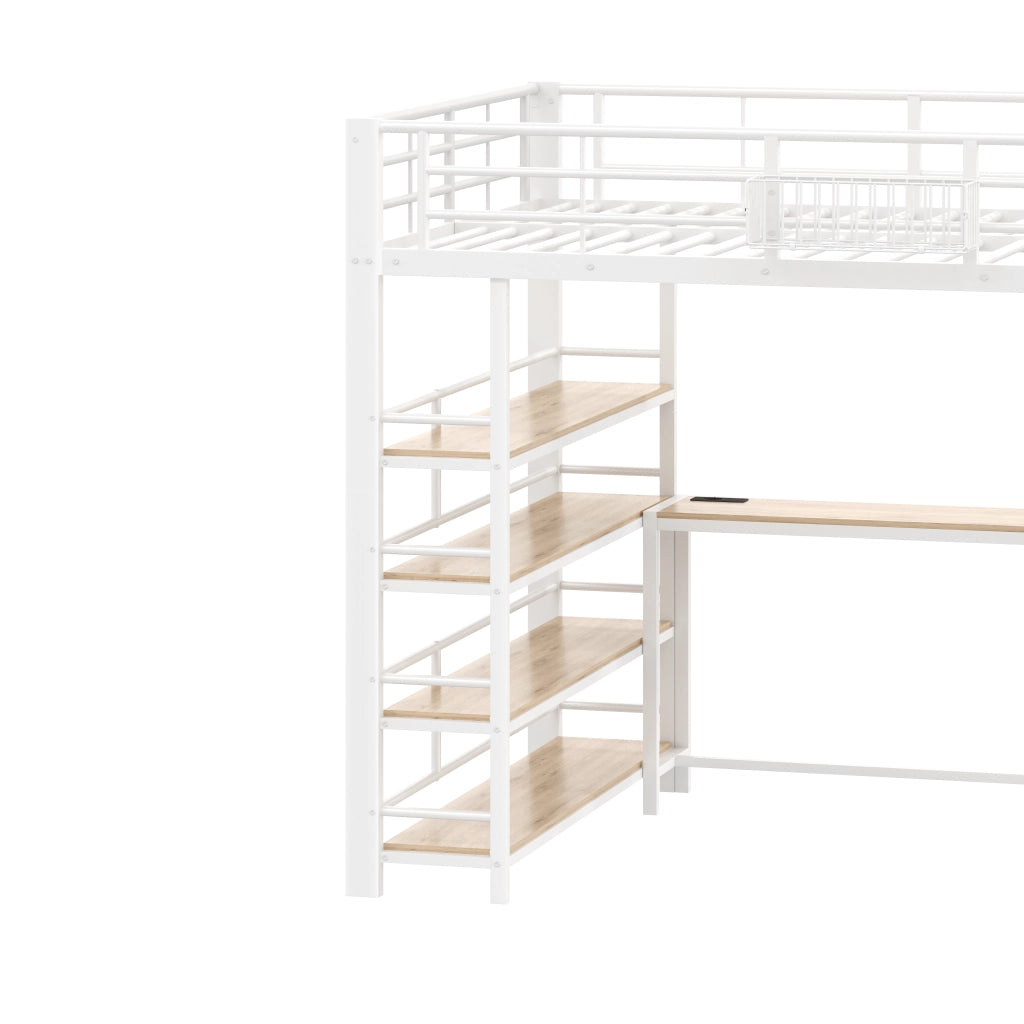 Letto a Soppalco Matrimoniale 140x200 cm; Scrivania; USB; LED e Mensole; Bianco