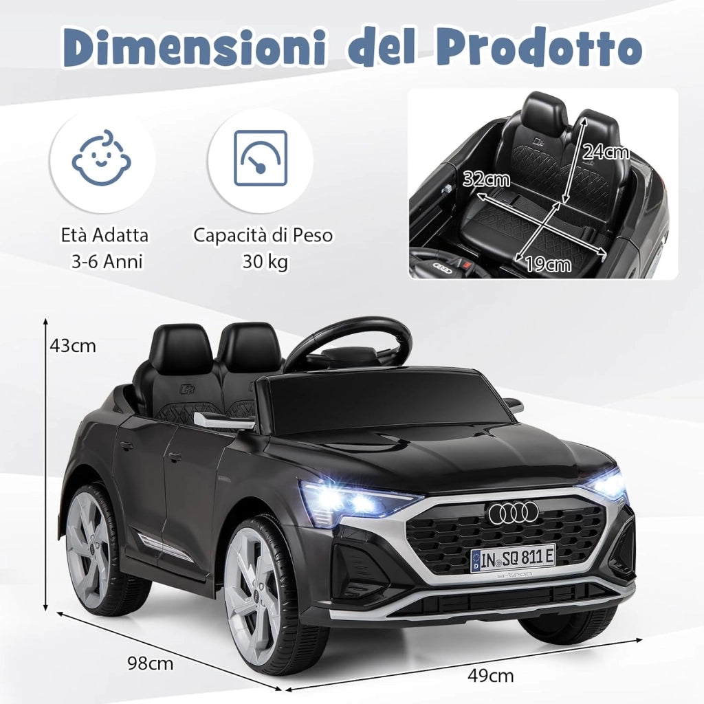 12V Audi Auto Elettrica per Bambini, Veicolo Elettrico con Telecomando Clacson Luci LED Musica, 3 Velocità 3-5 Km/h, Avvio Morbido, Auto per Bambini 3 Anni+ (Nero)