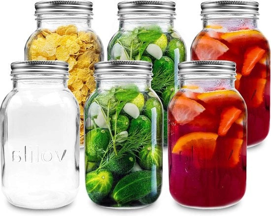 Bottiglia in Vetro Stagnatura 1 Litro (6 pezzi) per la Preparazione di Overnight Oats e Marmellate - Jar per la Fermentazione con Coperchio - Penne per Etichette e Spugnetta Inclusi