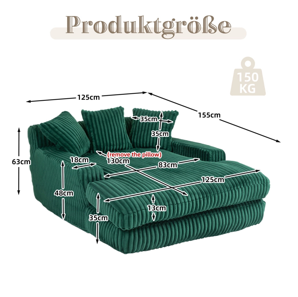 Chaise longue in velluto a coste verde smeraldo con 3 cuscini; 125 x 155 x 63 cm