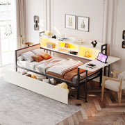 OKWISH Letto a Divano 90×200 cm, Letto Singolo con 2 Cassetti, LED, USB, Tipo C e Scrivania Ribaltabile, senza Materasso, Metallo, Bianco