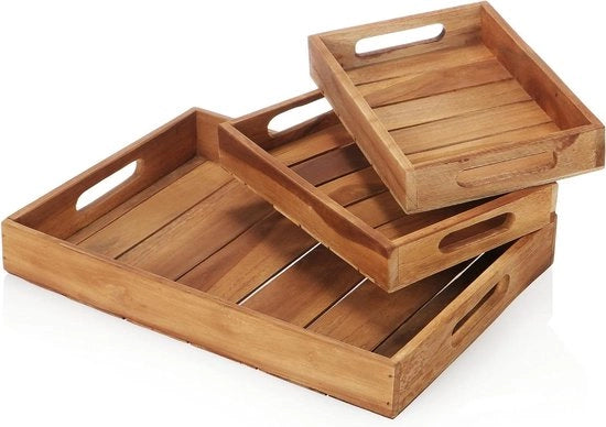 Set di piatti da tavola in legno di teak vintage a 3 pezzi - tavoli da servizio rustici - scatola da portata riutilizzabile (2 misure)