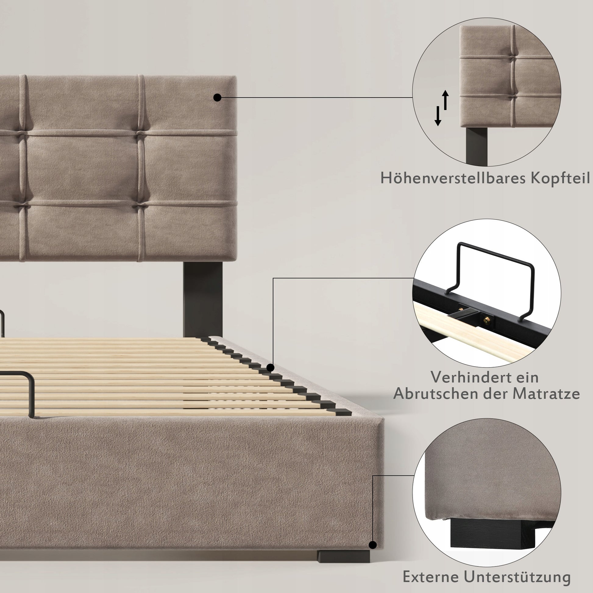 Letto matrimoniale con idraulica e velluto - Xylo - 140x200 - Grigio chiaro - Con materasso