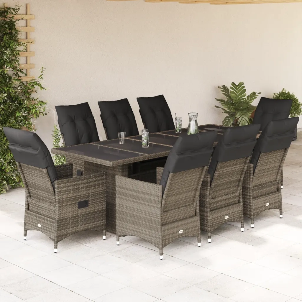 Set BistrÃ² da Giardino 9 pz con Cuscini in Polyrattan Grigio