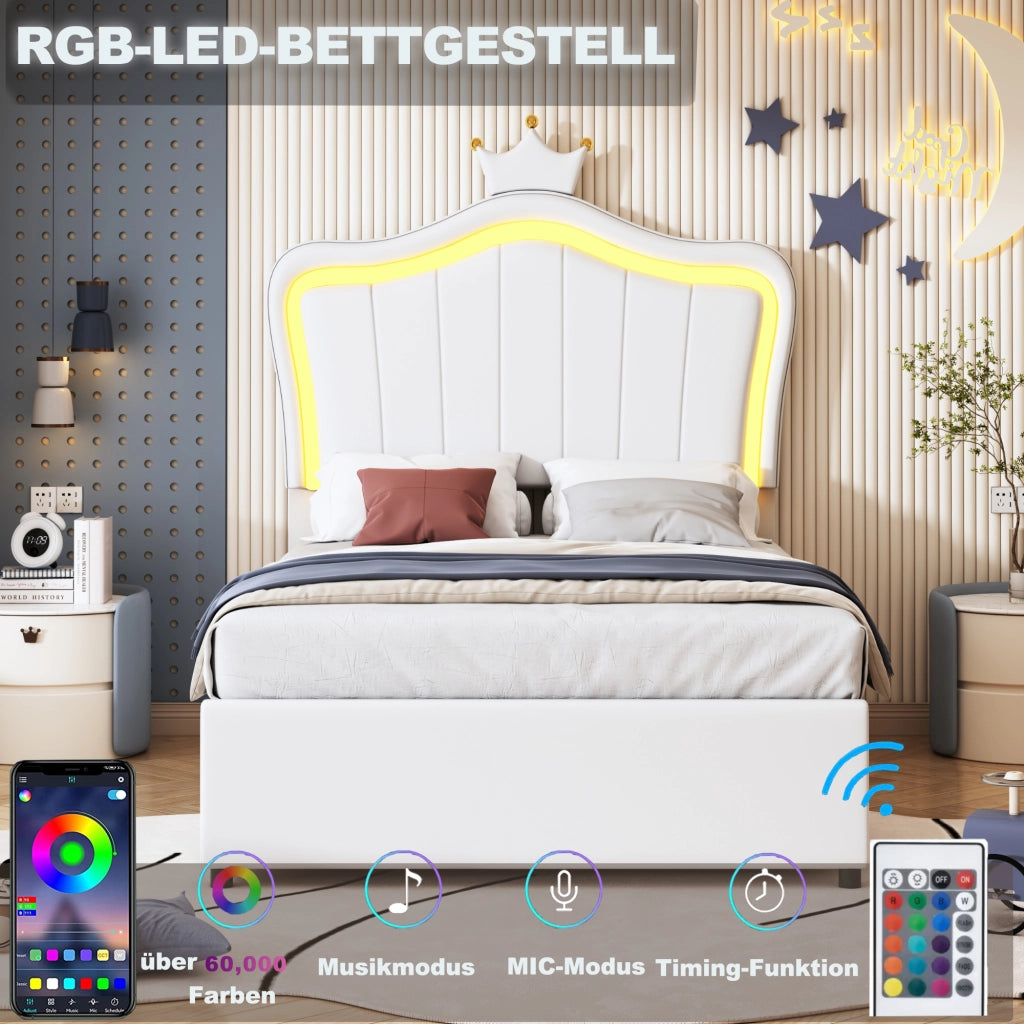 OKWISH Letto Contenitore 90×200 cm, Letto Singolo con LED Regolabile, Contenitore Idraulico e Testiera Regolabile, senza Materasso, Bianco