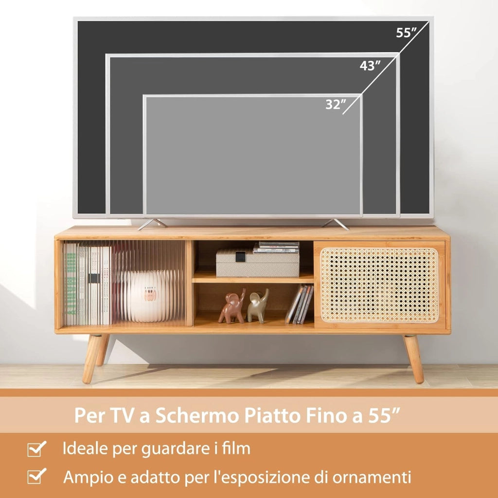 Mobile TV per TV Fino a 55", Mobile Porta TV Salloto, Mobiletto Soggiorno con 2 Ante Scorrevoli, Tavolo Consolle con Gambe in Legno Gamba, 120,5 x 31 x 45,5 cm (Naturale)