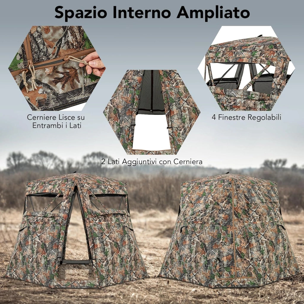 Tenda Mimetica per Caccia, 2-3 Persone, Visione a 360°, Camouflage, 249 x 211 x 175 cm