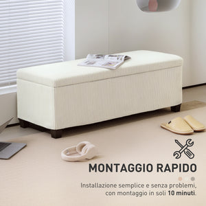 Panca Fondo Letto 112x42x40 cm con Spazio Contenitore da 84L in Tessuto Effetto Velluto a Coste e Acciaio Beige