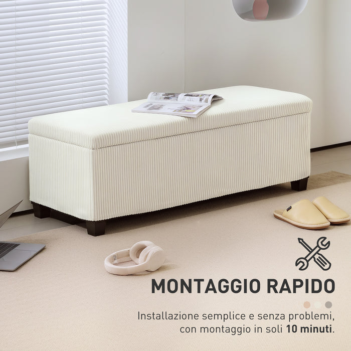 Panca Fondo Letto 112x42x40 cm con Spazio Contenitore da 84L in Tessuto Effetto Velluto a Coste e Acciaio Beige