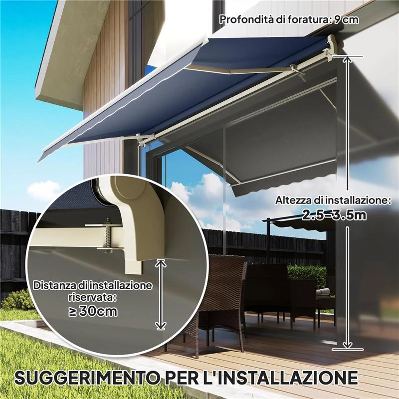 TENDA DA SOLE PER ESTERNO A BRACCI AVVOLGIBILE CON APERTURA A MANOVELLA, 360X250 CM, GRIGIO