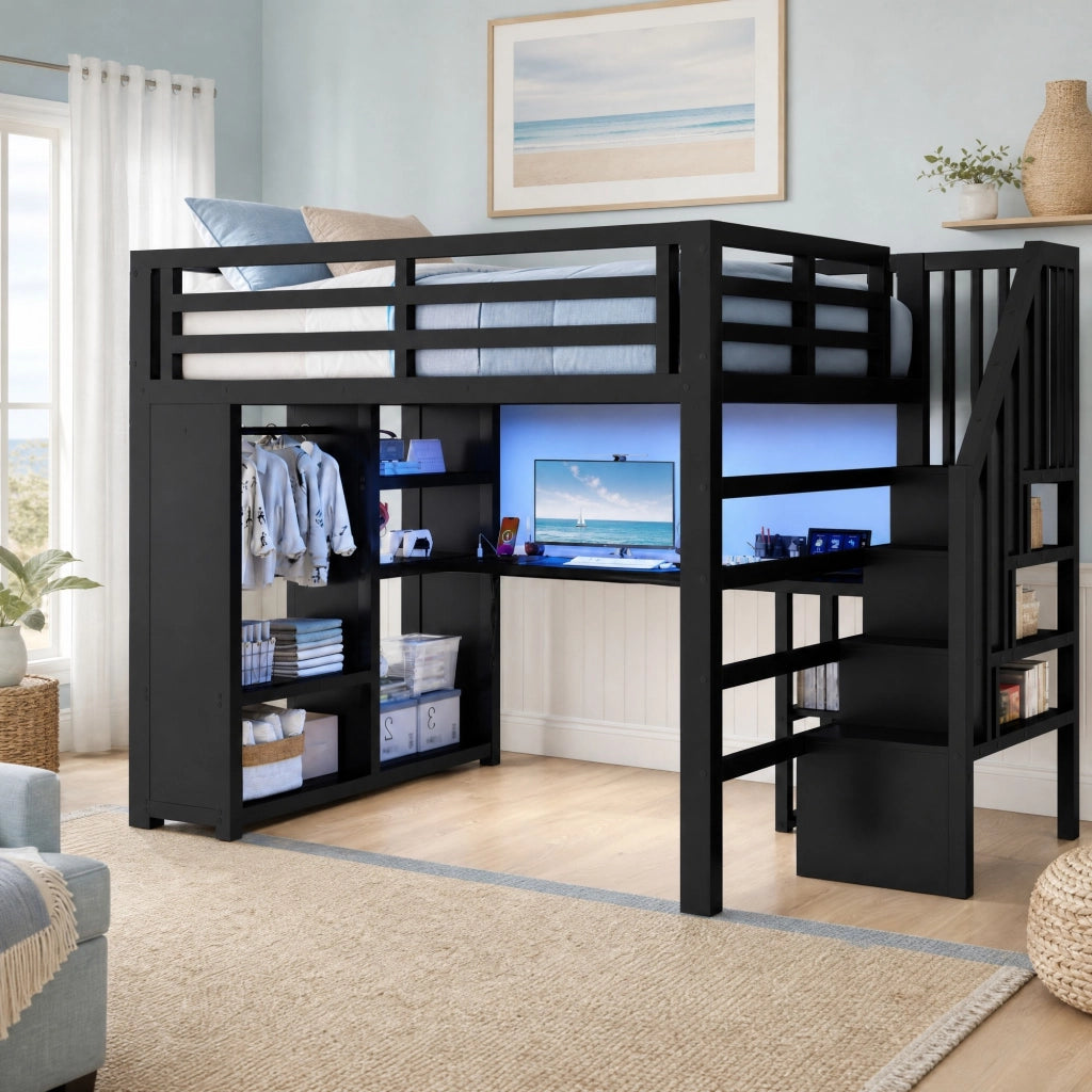 Letto a soppalco in metallo 140x200 cm con scrivania e LED