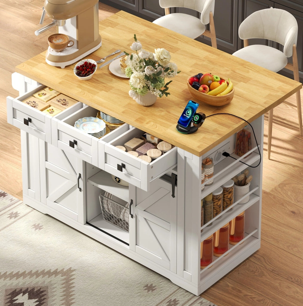 Isola cucina mobile in MDF con piano pieghevole, prese USB, cassetti e ripiani