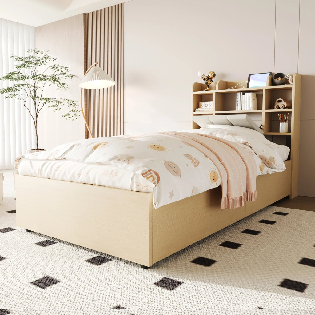 Letto singolo 90×200 cm con contenitore idraulico; testiera con ripiani e USB Type-C; senza materasso; MDF; legno naturale