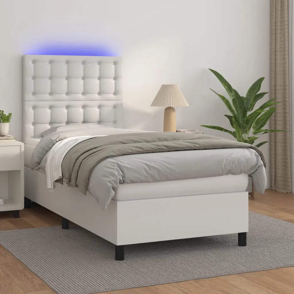 Letto singolo | Letto per adulti | Giroletto Molle con Materasso e LED Bianco 90x190 cm Similpelle