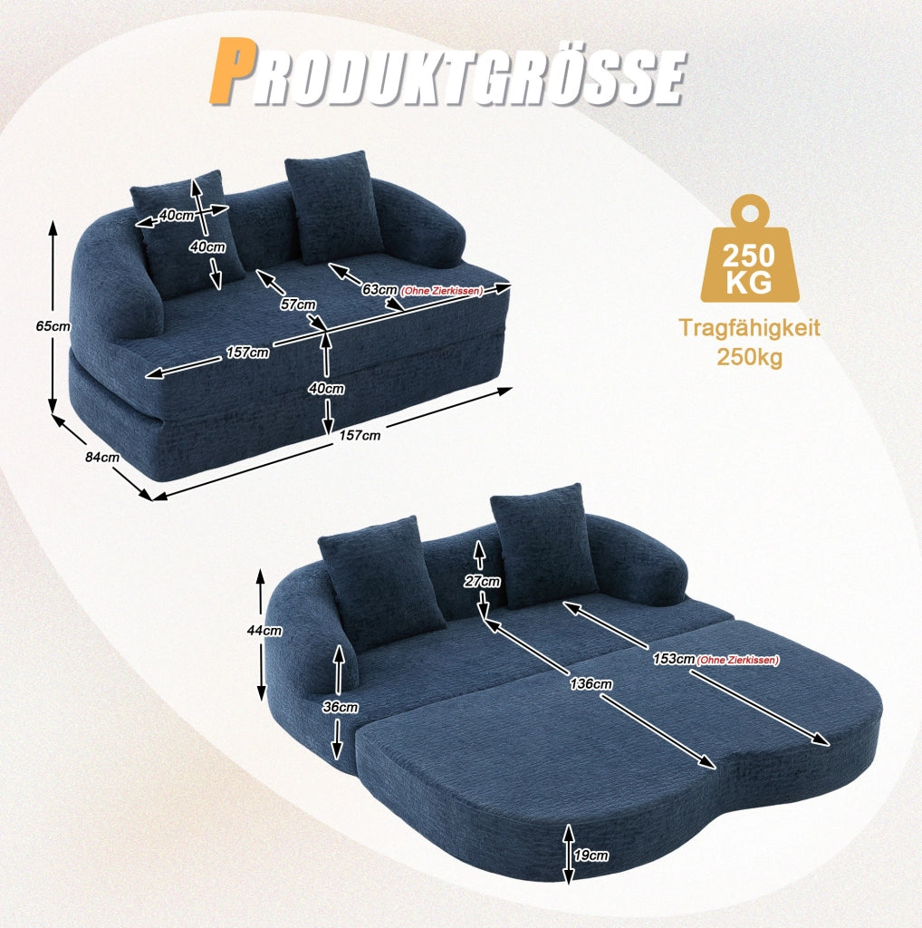 Divano letto 2 posti pieghevole in ciniglia blu navy