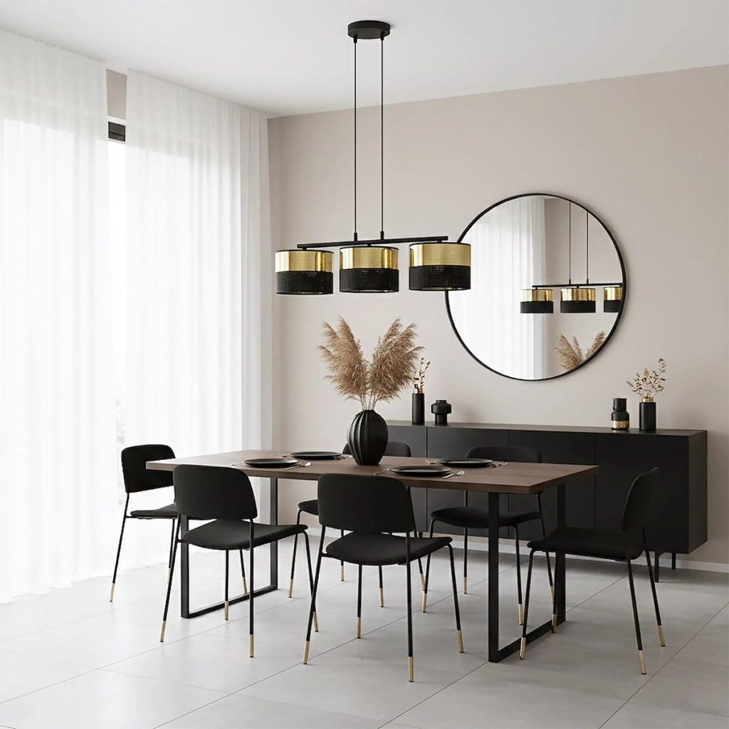 Lampada a sospensione Lux in acciaio nero e oro