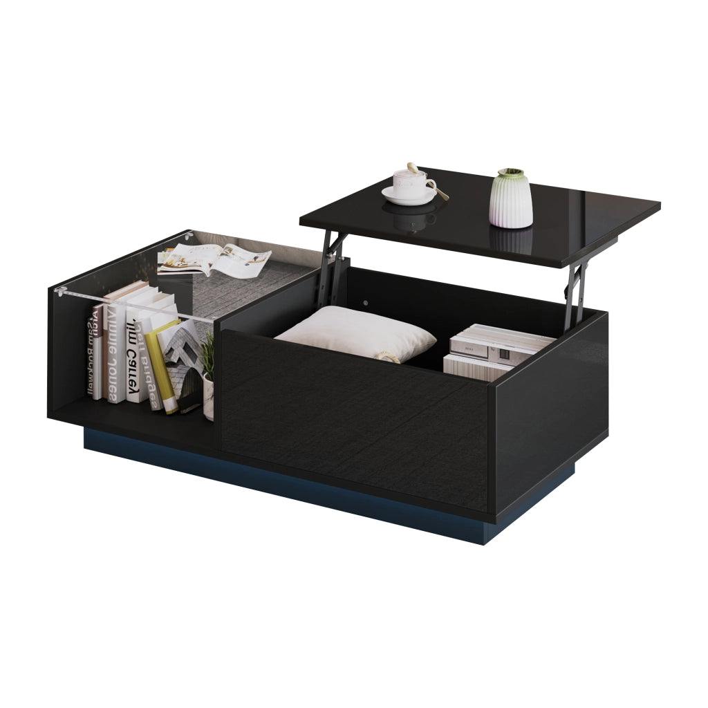 Tavolino da salotto 100x50x33 cm; piano sollevabile con LED APP e vano nascosto; truciolare nero