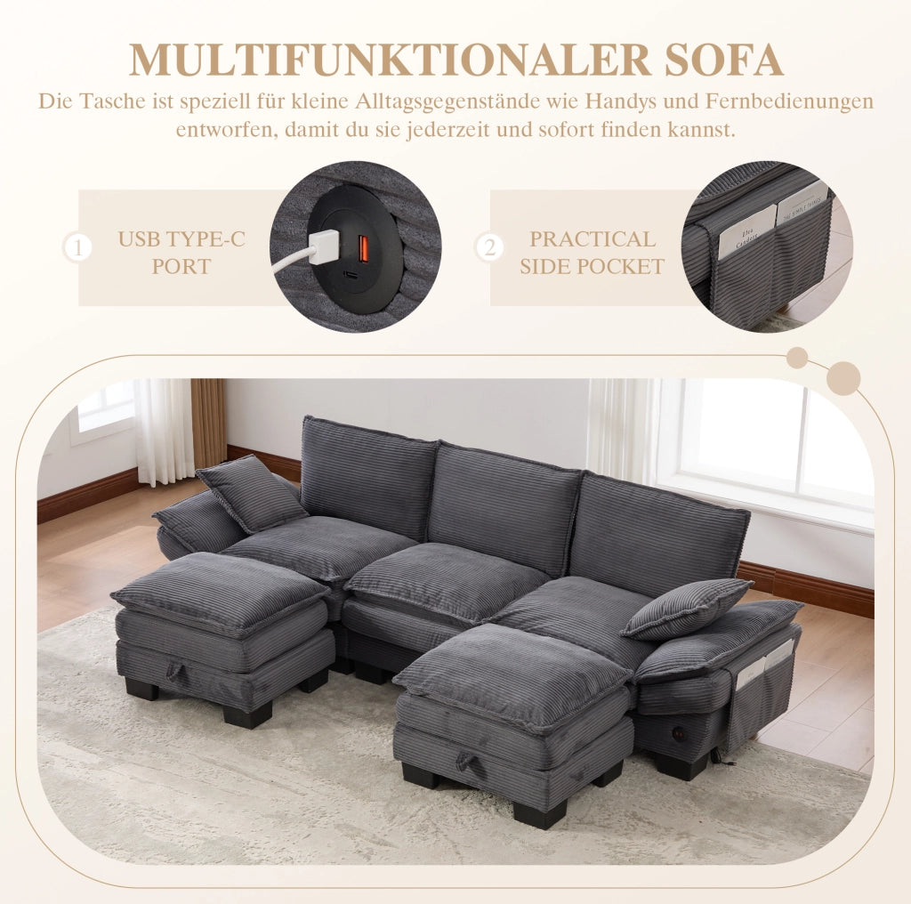 Divano modulare 3 posti in tessuto corduroy grigio scuro con 2 pouf; 260x132x84 cm