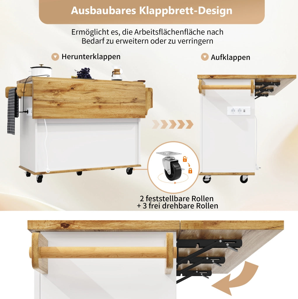 Carrello cucina mobile con piano pieghevole e prese, bianco