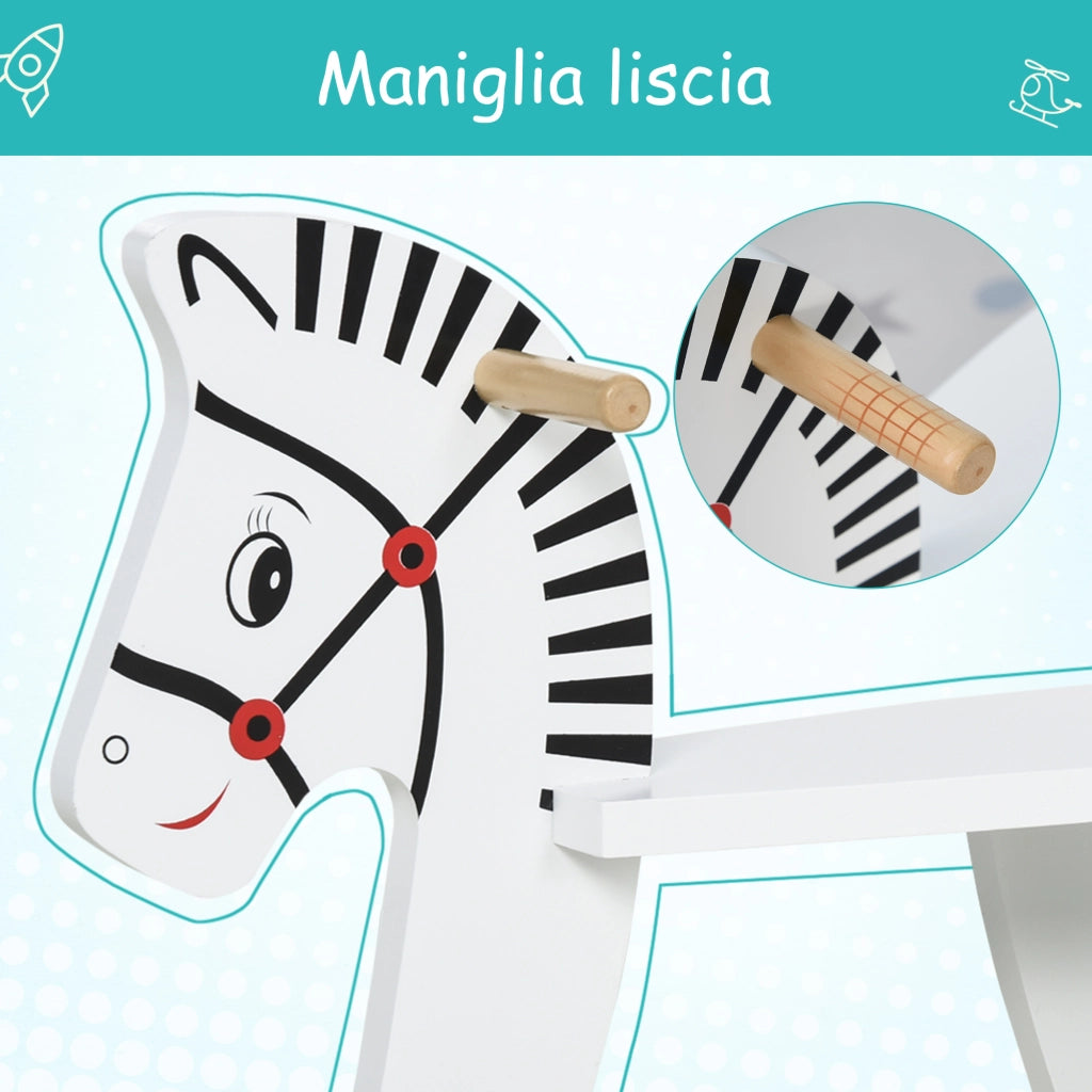 EasyComfort Cavallo a Dondolo Classico in Legno per Bambini 1-3 Anni con Bordo, Maniglie e Poggiapiedi, 68x26.5x48cm, Bianco