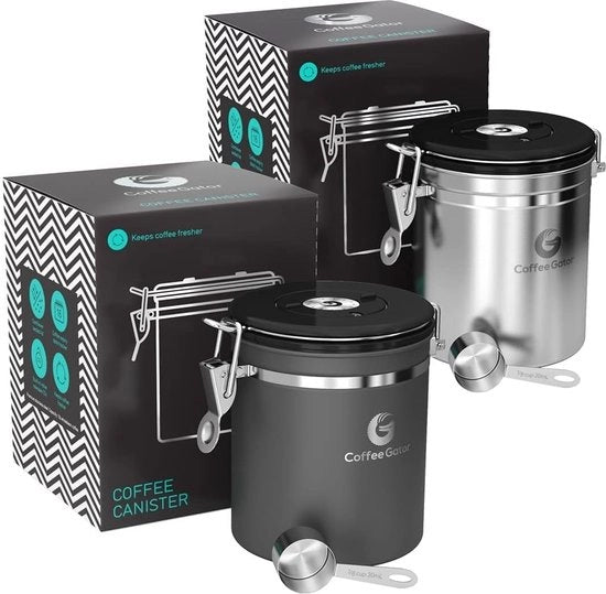 Set di contenitori aereostatici per caffè da 2 (medium 1,3 l) - contenitore per caffè in acciaio inossidabile con valvola CO2 e display data - ermetico - con cucchiaio graduato