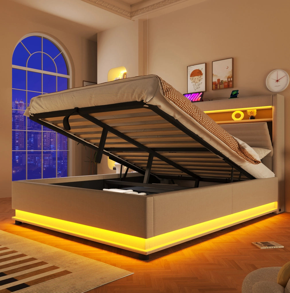 Letto matrimoniale contenitore 140x200 cm con LED; USB e USB-C in lino beige