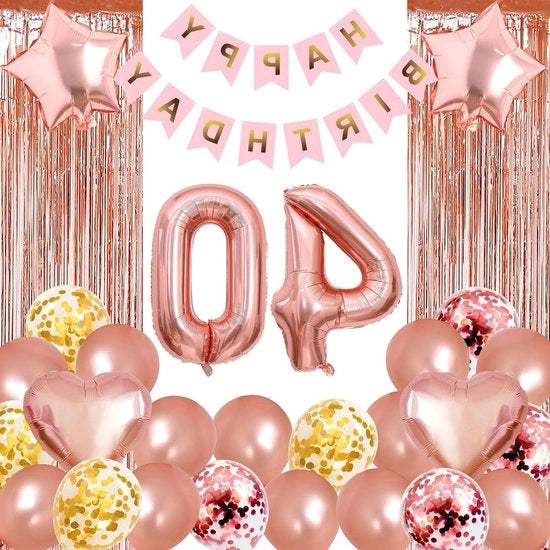 Decorazioni di Festa per il 40° Compleanno Donna - Bandiera di Buon Compleanno - Oro Rosa - Palloncini con Numeri - Cortine a Piume.
