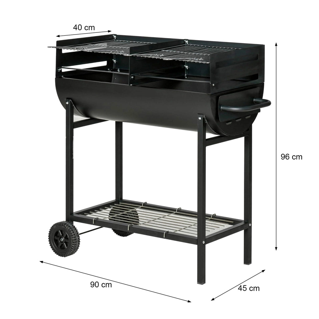 Barbecue A Carbone Con 2 Griglie Regolabili BBQ In Acciaio Resistente Con Ruote E Ripiano Portaoggetti Ideale Per Giardino Terrazzo E Grigliate All Aperto 90 x 45 x 96 Cm Nero