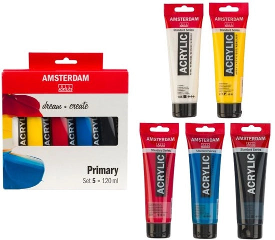 Acrylverf Set 5 x 120 ml - Teoria dei Colori - Colori Primari - Nero/Bianco - Pigmenti di Alta Qualità - Adatto per Canova/Legno - Set di Vernici