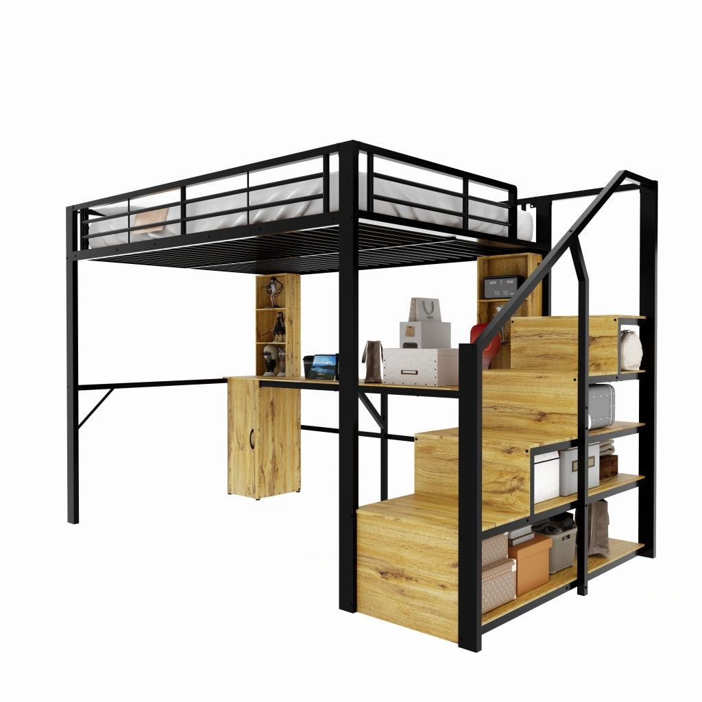 Letto a soppalco 140x200 cm con scrivania; contenitore e USB in metallo e MDF nero