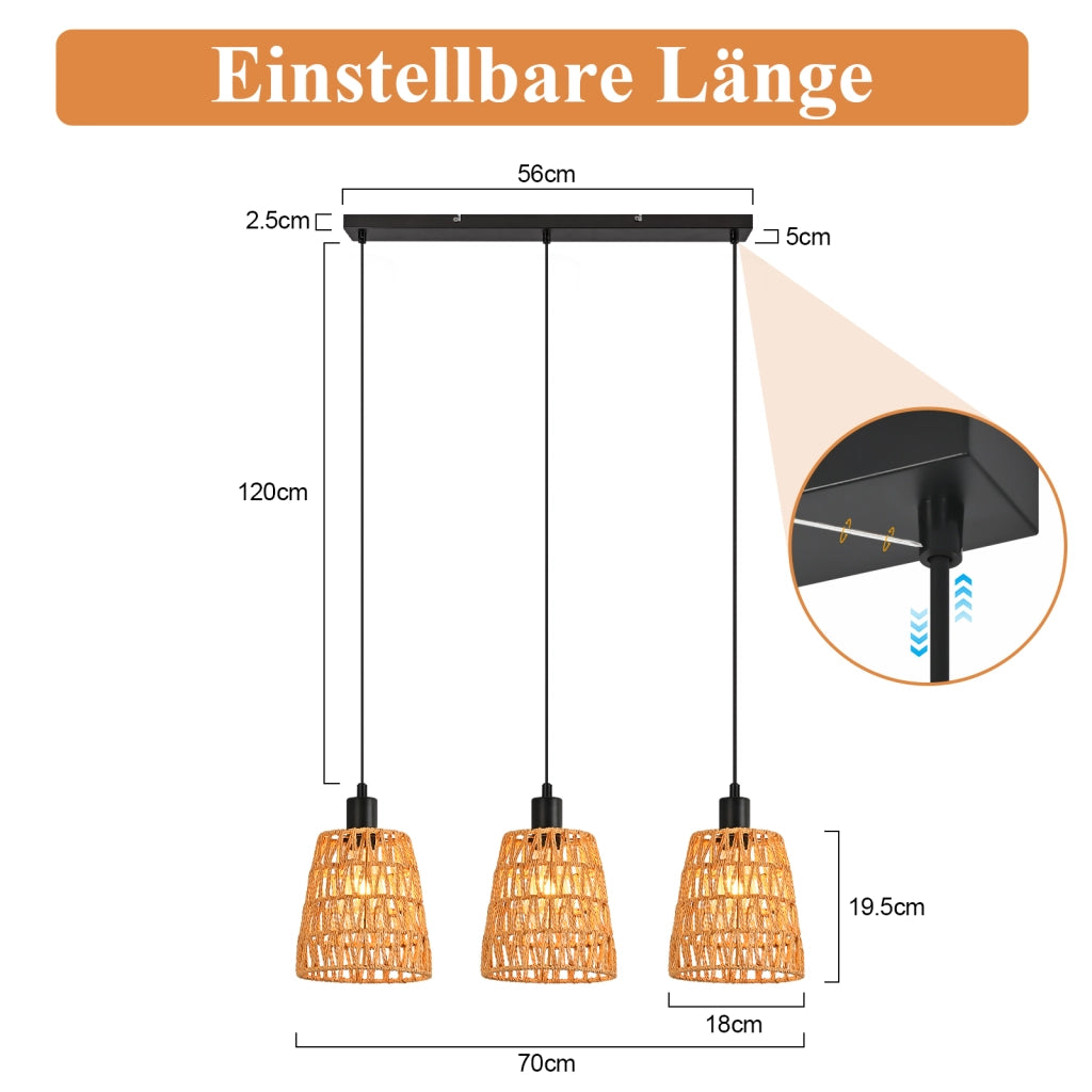 Lampada a sospensione ZMH per sala da pranzo 3 luci nera 120 cm altezza regolabile