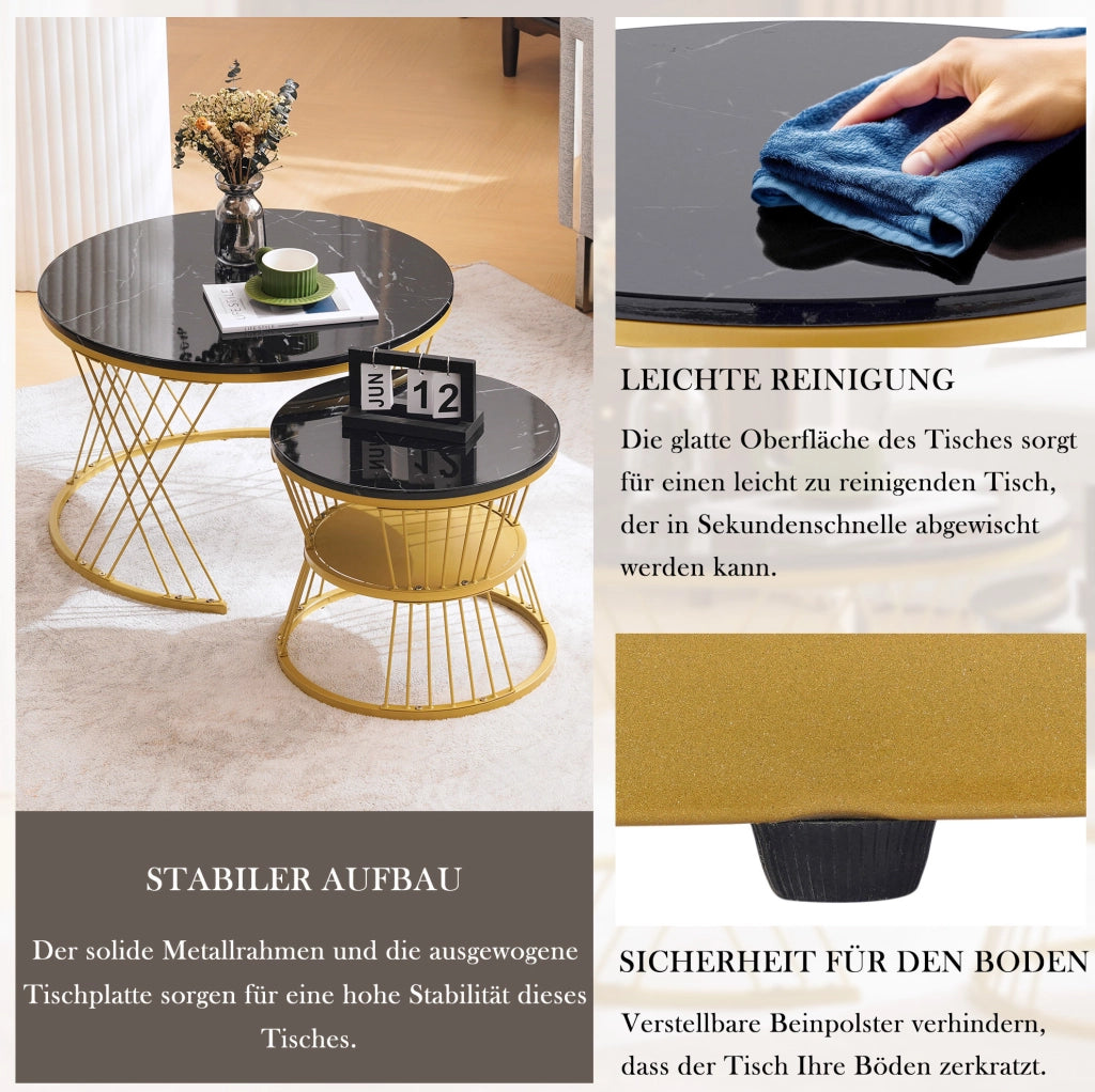 Set di tavolini impilabili rotondi con effetto marmo, MDF e metallo